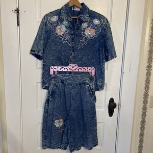 Vintage Acid Wash Denim Outfit Intricate Beaded Floral Embroidery 80s 90s Large